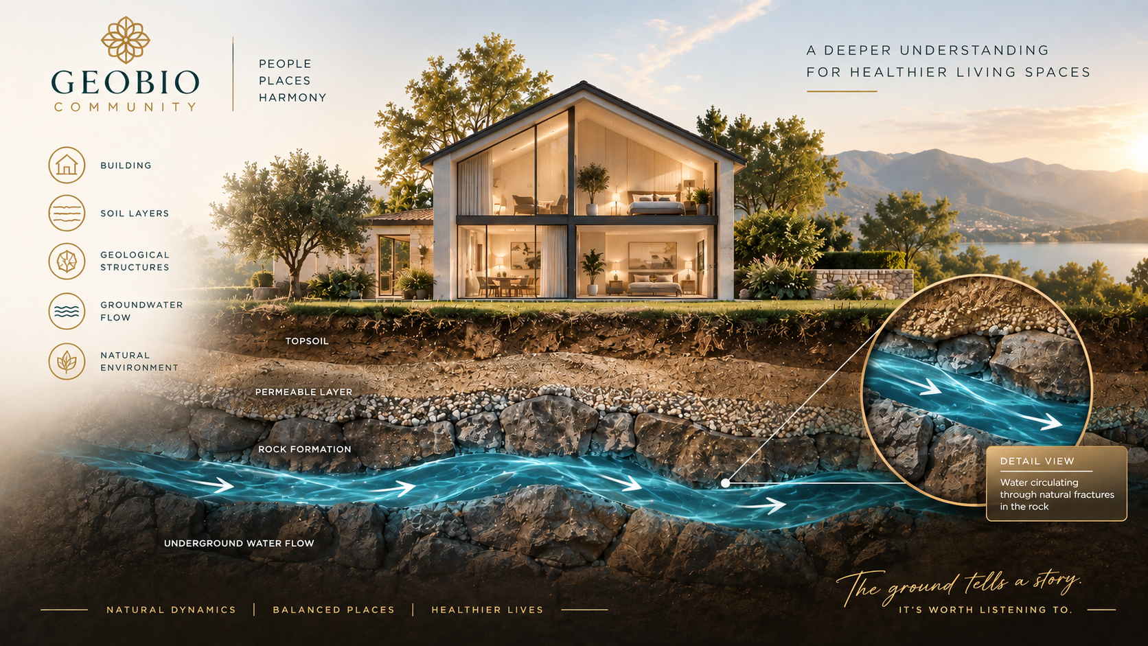 Cross-section of a home showing underground water flow through soil and geological rock formations.