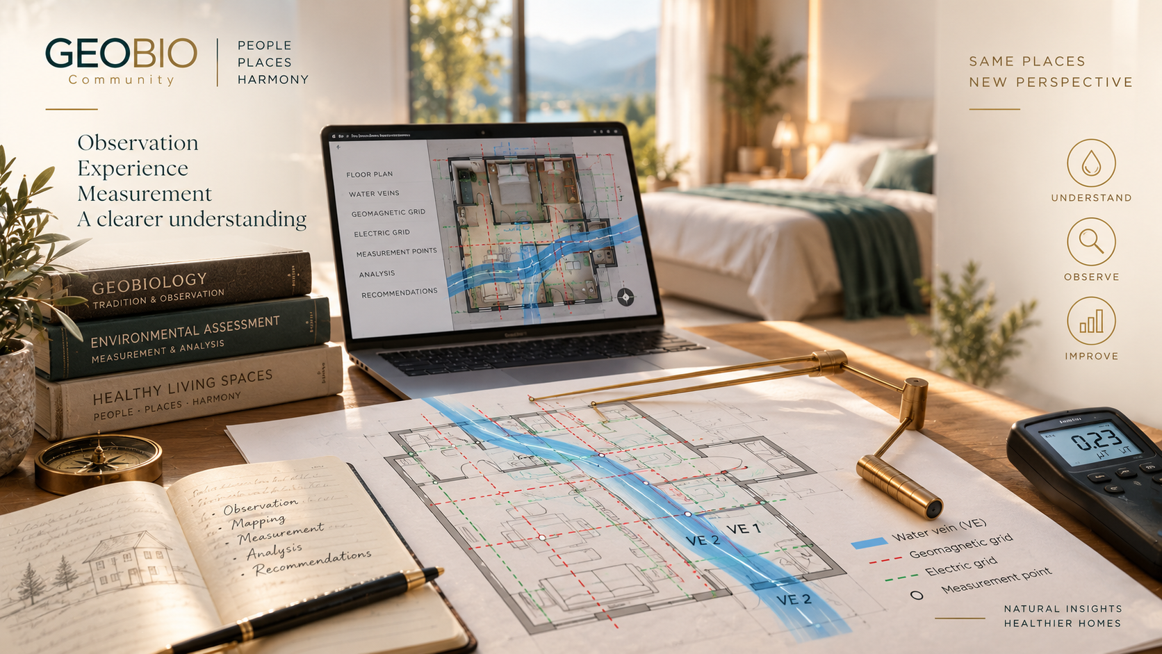 Geobiological assessment showing underground water veins mapped on a home floor plan.