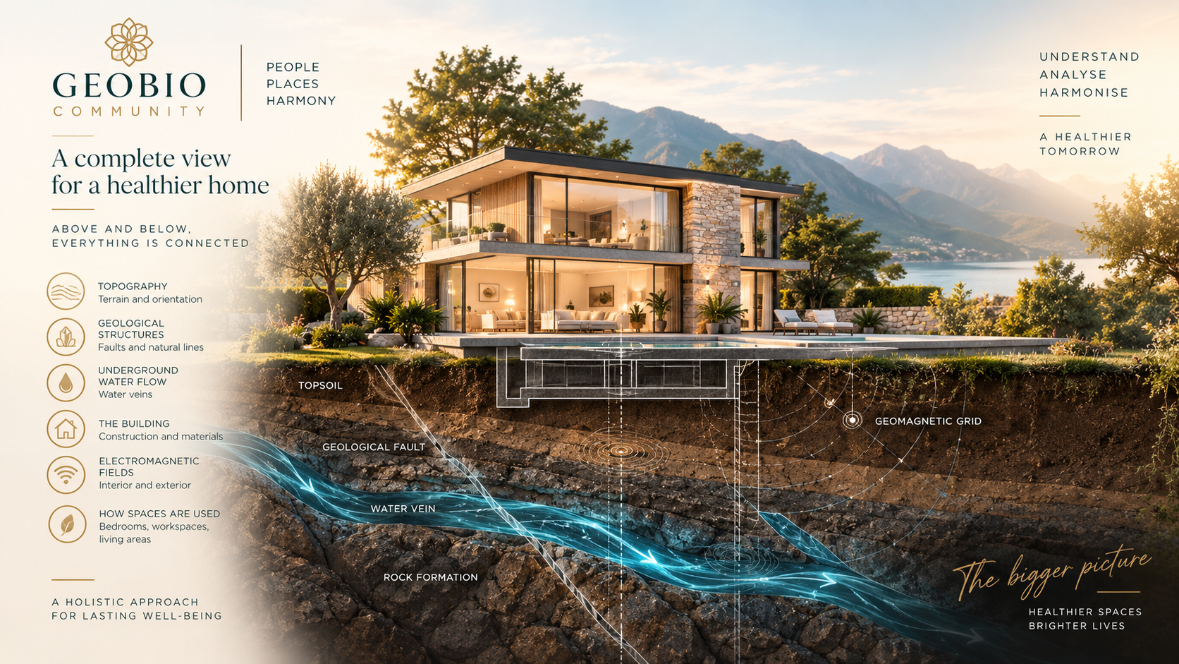 Holistic geobiological assessment of a home showing underground water flow, geological structures and environmental factors.