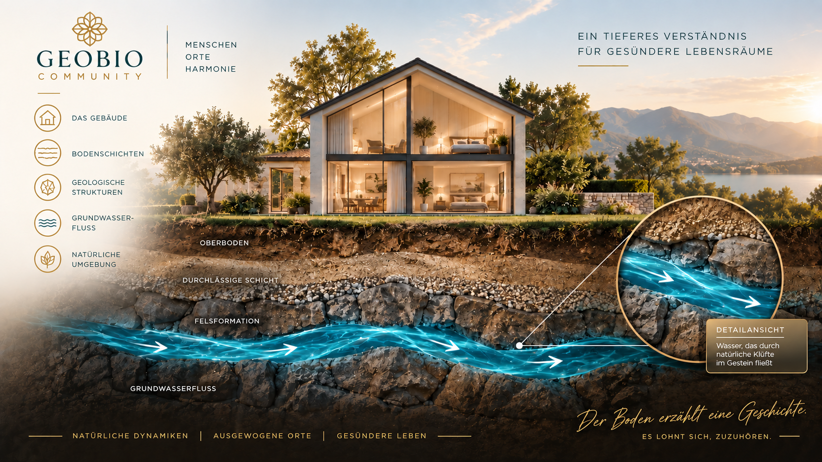 Geobiologische Darstellung eines Wohnhauses mit Bodenschichten, geologischen Strukturen und unterirdischem Wasserfluss.