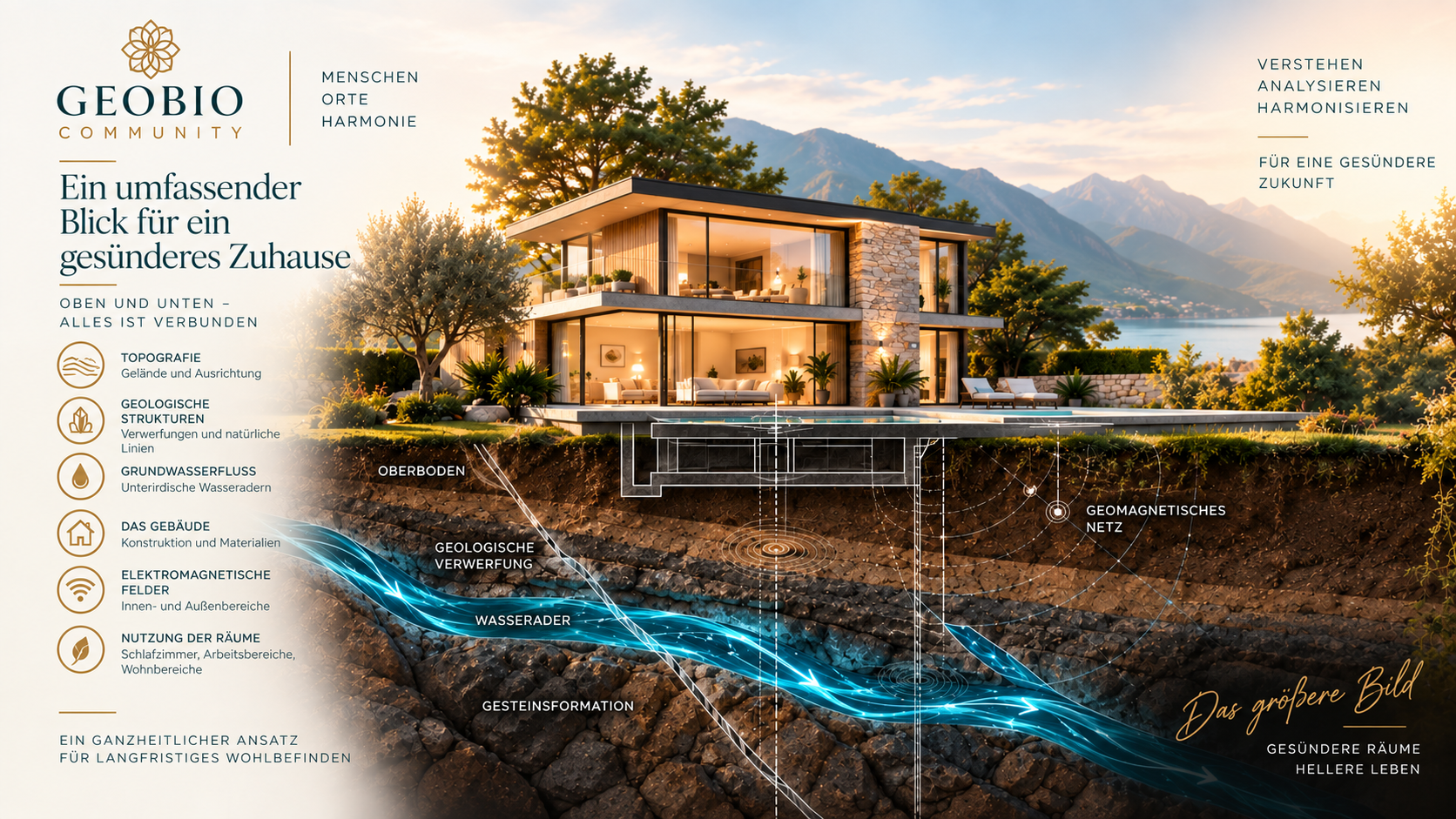 Ganzheitliche geobiologische Analyse eines Hauses mit Wasseradern, geologischen Strukturen und elektromagnetischen Feldern.