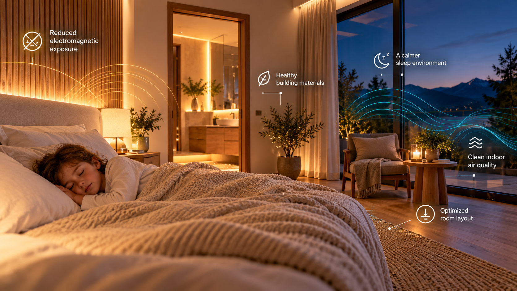 Peaceful bedroom with a sleeping child, illustrating Building Biology principles, reduced electromagnetic exposure, natural materials and a carefully designed indoor environment.