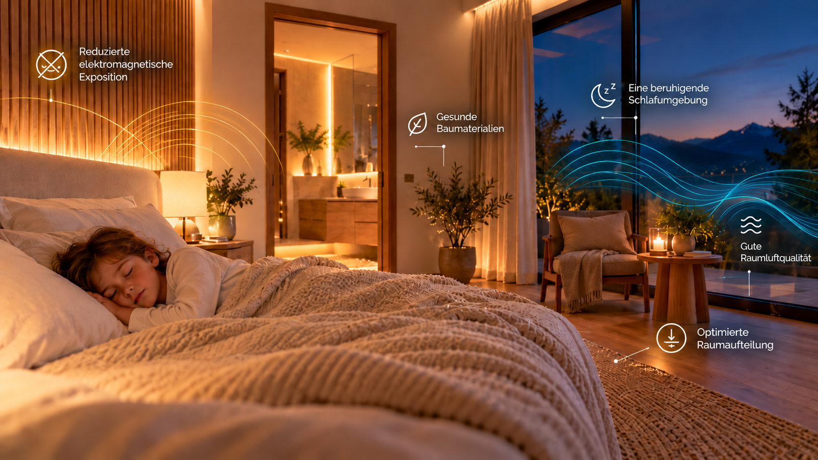 Peaceful bedroom with a sleeping child, illustrating Building Biology principles, reduced electromagnetic exposure, natural materials and a carefully designed indoor environment.